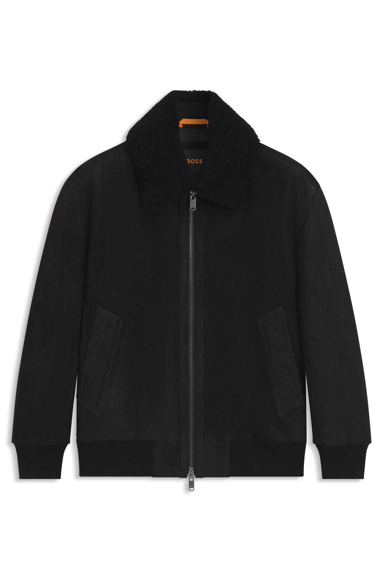 【BOSS博斯】可拆卸毛羊皮翻领皮革飞行员夹克