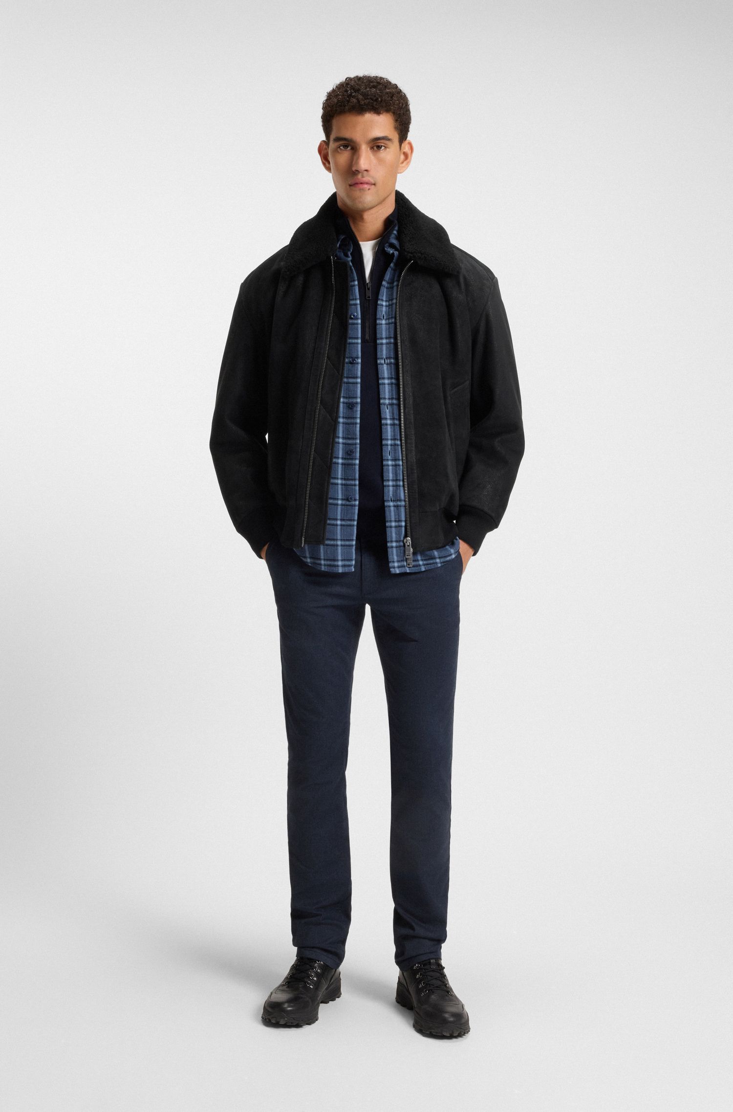 【BOSS博斯】可拆卸毛羊皮翻领皮革飞行员夹克