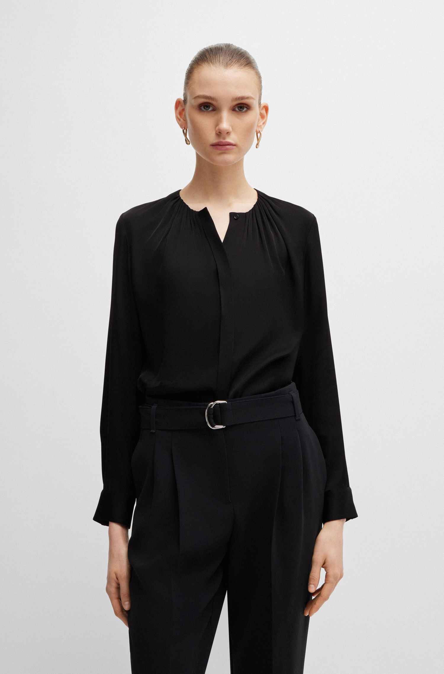 【BOSS博斯】褶皱衣领弹力双绉纱女士衬衫