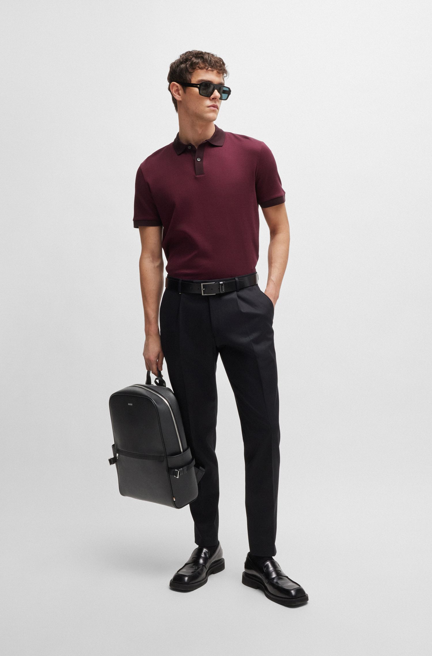 【BOSS博斯】银色徽标纹理皮革背包