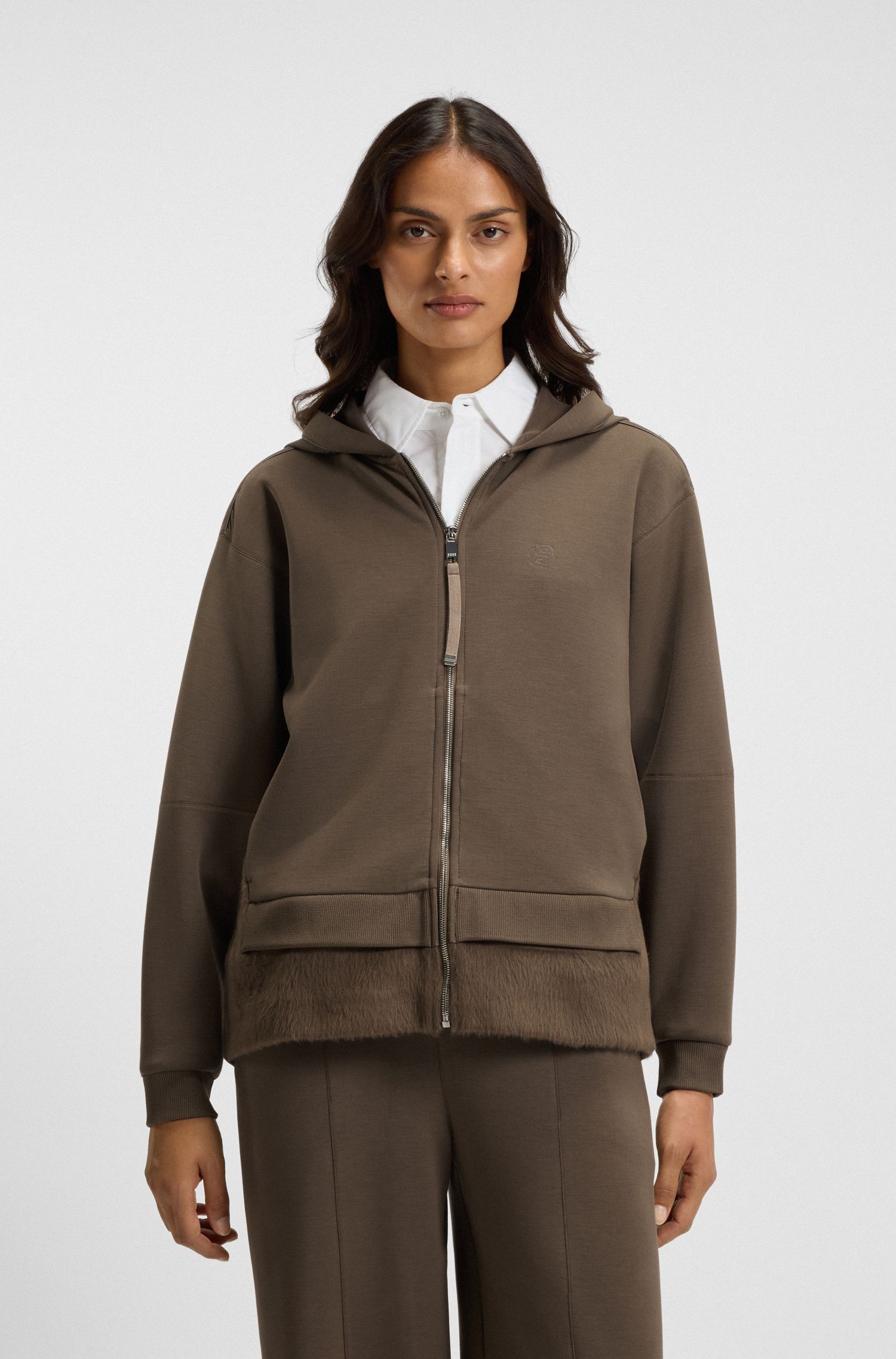 【BOSS博斯】混合材质拉链连帽衫