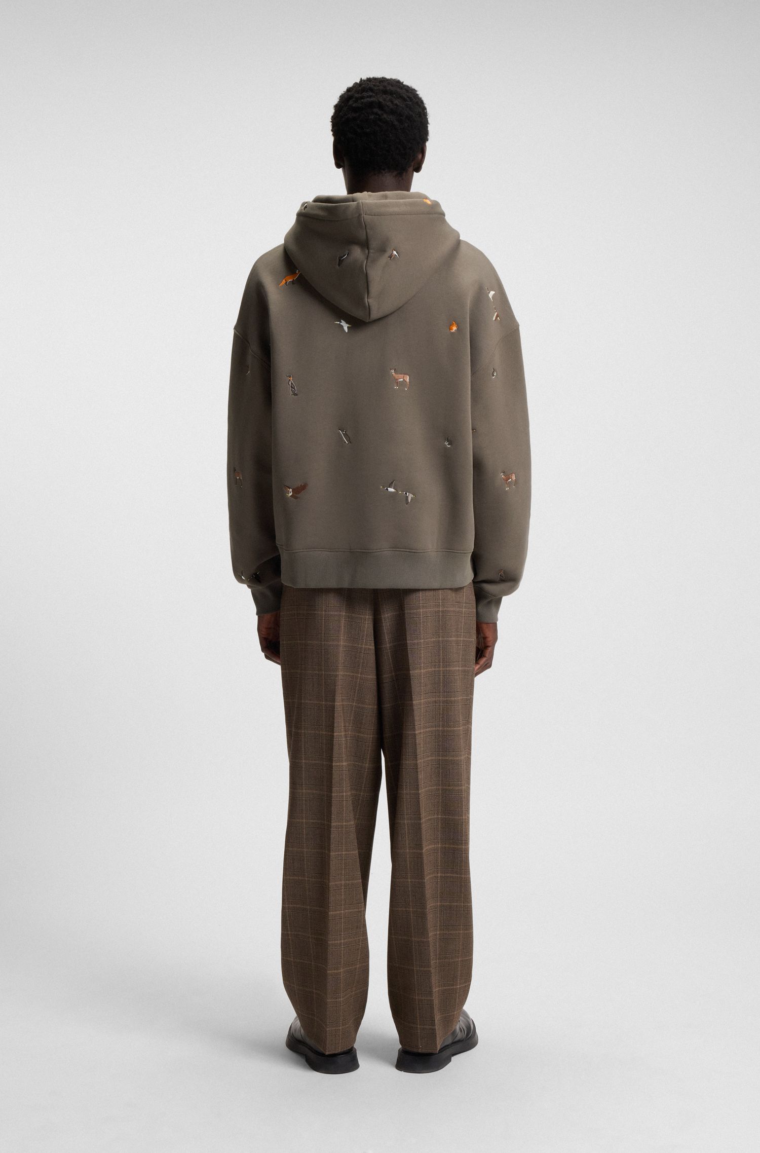 【HUGO雨果】林地动物刺绣宽大版型棉质连帽衫