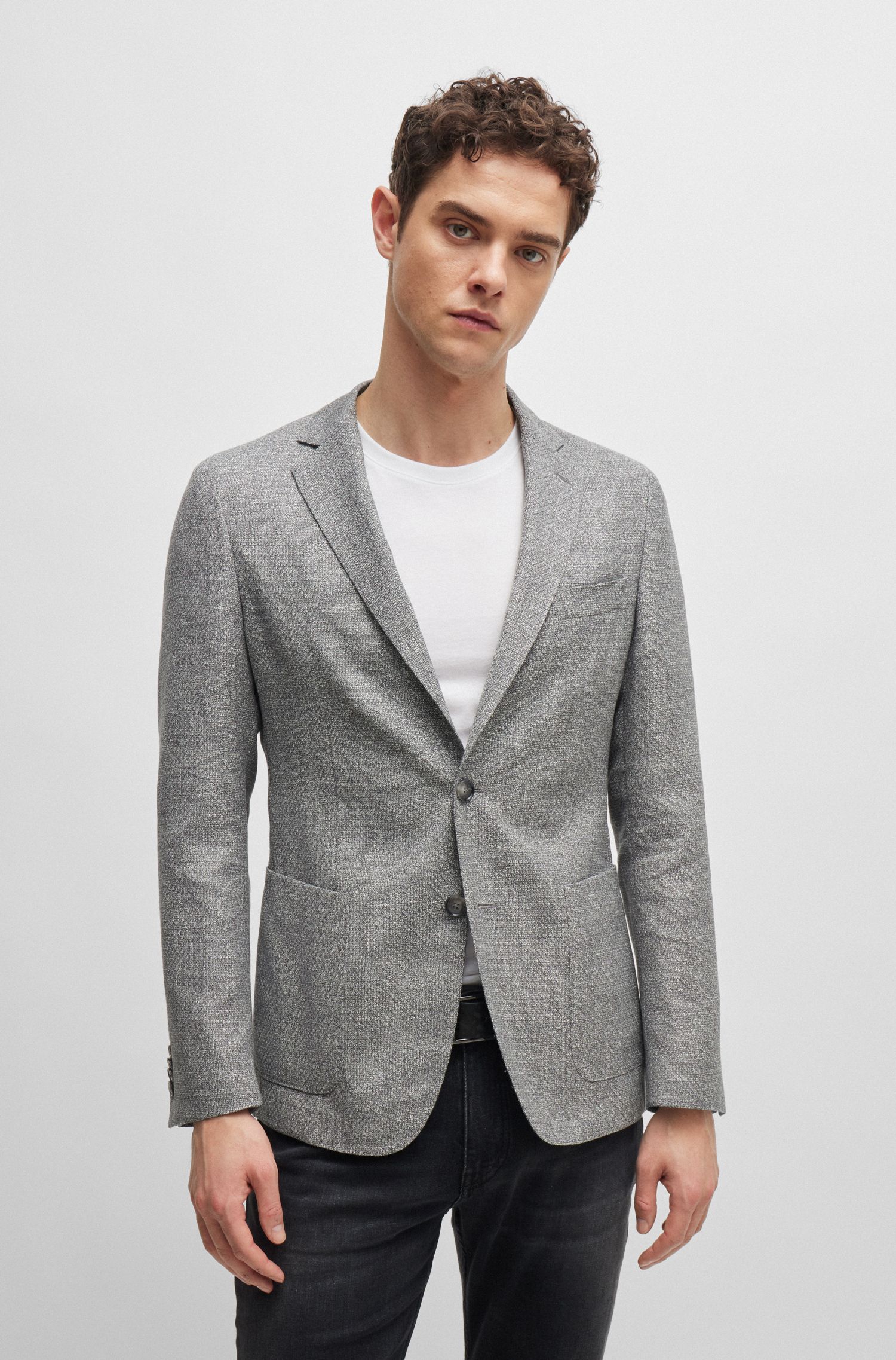 【BOSS博斯】图案式羊毛和亚麻修身夹克